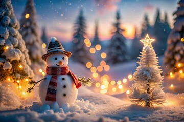 Obraz premium Panoramic Winter Wonderland Festive Banner with Snowman - Long Exposure Photography
