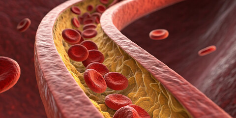 microscopic blood vessels, visceral fat and healthy cholesterol medical media 3d illustration. Lipid metabolism disorder, fat accumulation in bloodstream, 3D medical art