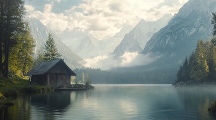 Fototapeta premium Tranquil Hintersee Lake Scene in Austria Surrounded by Mountains