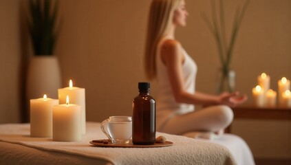 Serene Woman Meditating in Spa Room Surrounded by Candles and Oils