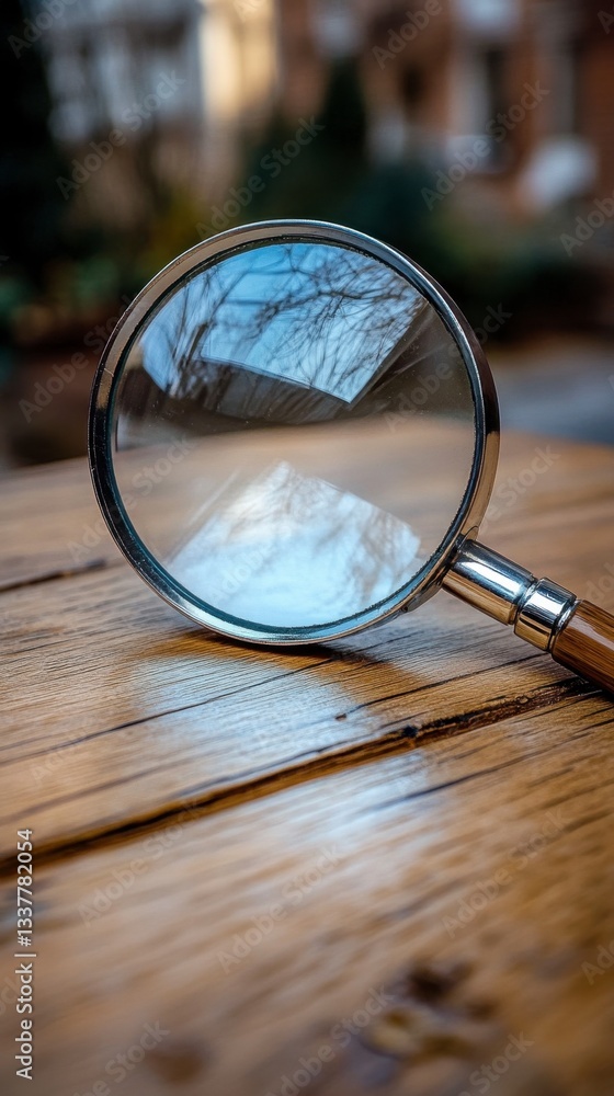 Aufkleber close up of a magnifying glass with a blurred background reflecting in the lens, resting on a wooden