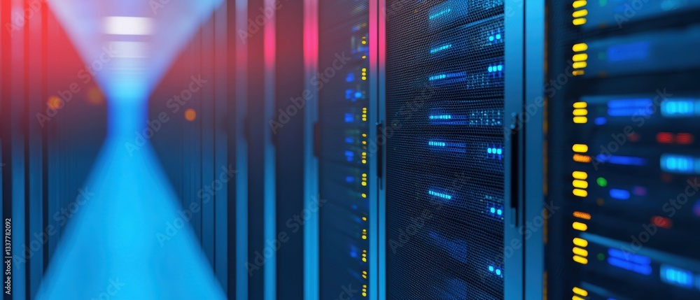 Poster military test analysis concepts. data center with illuminated server racks and cool blue lighting.
