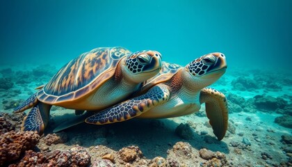 Obraz premium Oceanic Companionship Two Majestic Sea Turtles Gracefully Interacting on a Vibrant Coral Reef Floor