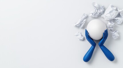 Fototapeta premium Creative concept of hands holding an egg with crumpled paper, symbolizing ideas.