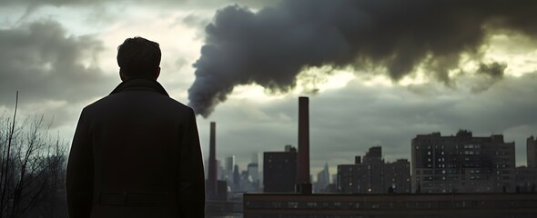 A pensive man in a coat stands outside observing the surrounding buildings as smoke emerges from an industrial smokestack creating a moody cinematic atmosphere