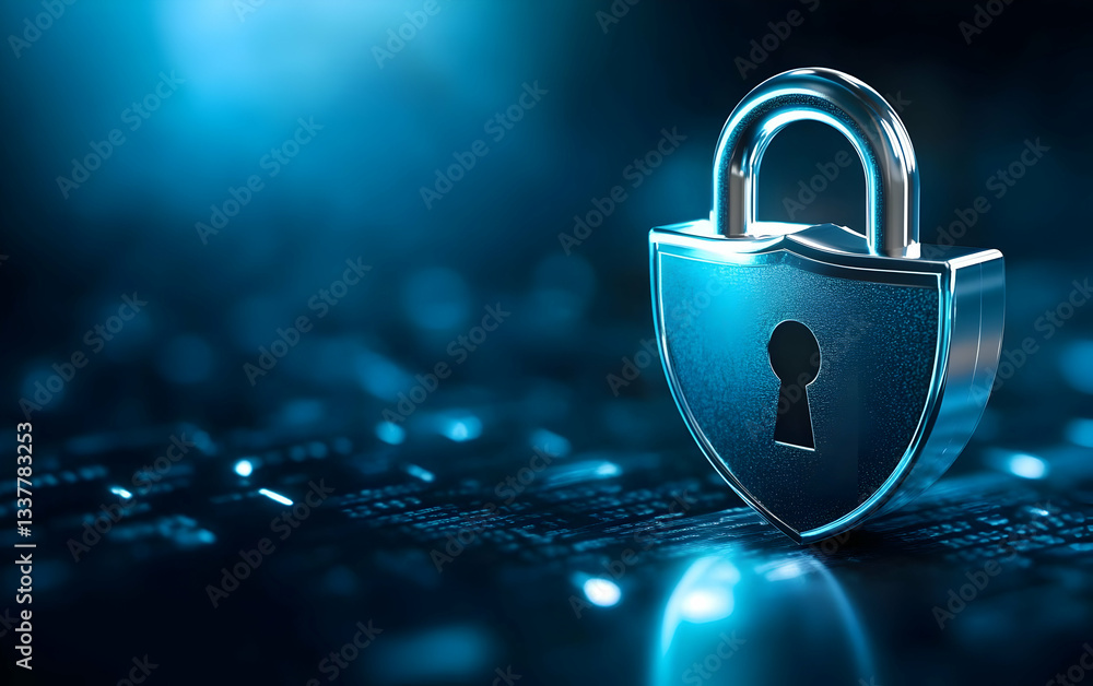 Poster a silver padlock symbolizes security in a digital environment, representing data protection and priv