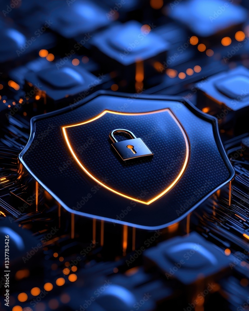 Poster digital shield symbolizing cybersecurity with glowing circuitry background.