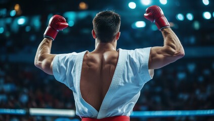 Male martial artist in a triumphant pose in the spotlight.
