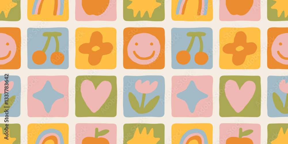 Poster fun colorful geometric shape seamless pattern. abstract retro children style art background for kids