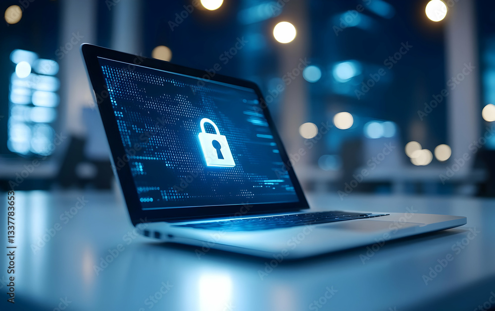 Poster a sleek laptop displaying a digital lock symbol, representing cybersecurity and data protection in a