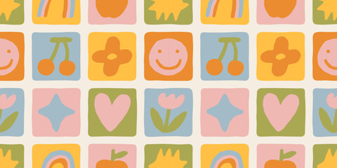 Fun colorful geometric shape seamless pattern. Abstract retro children style art background for kids, trendy design with geometry mosaic shapes. Simple childish patchwork wallpaper texture.