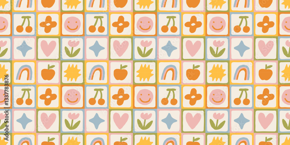 Poster fun colorful geometric shape seamless pattern. abstract retro children style art background for kids