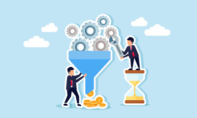 Businessmen work together to produce dollar coins from gears passing through a channel beside an hourglass, illustration of teamwork in generating profit from business efficiency