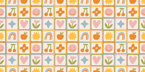 Fun colorful geometric shape seamless pattern. Abstract retro children style art background for kids, trendy design with geometry mosaic shapes. Simple childish patchwork wallpaper texture.