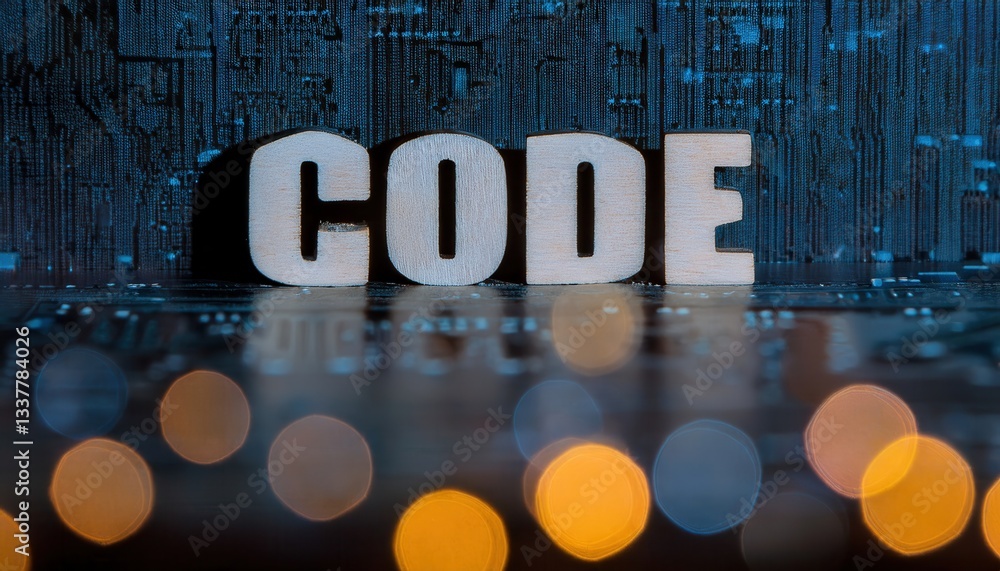 Poster big letters code on blurred background in tech setting
