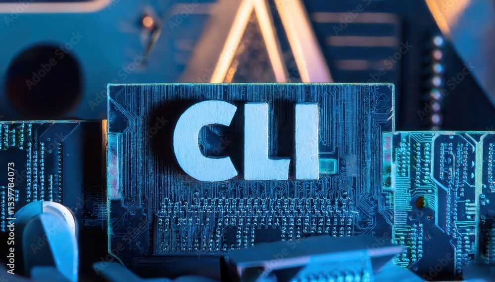 Poster cli in big letters on a blurred tech background