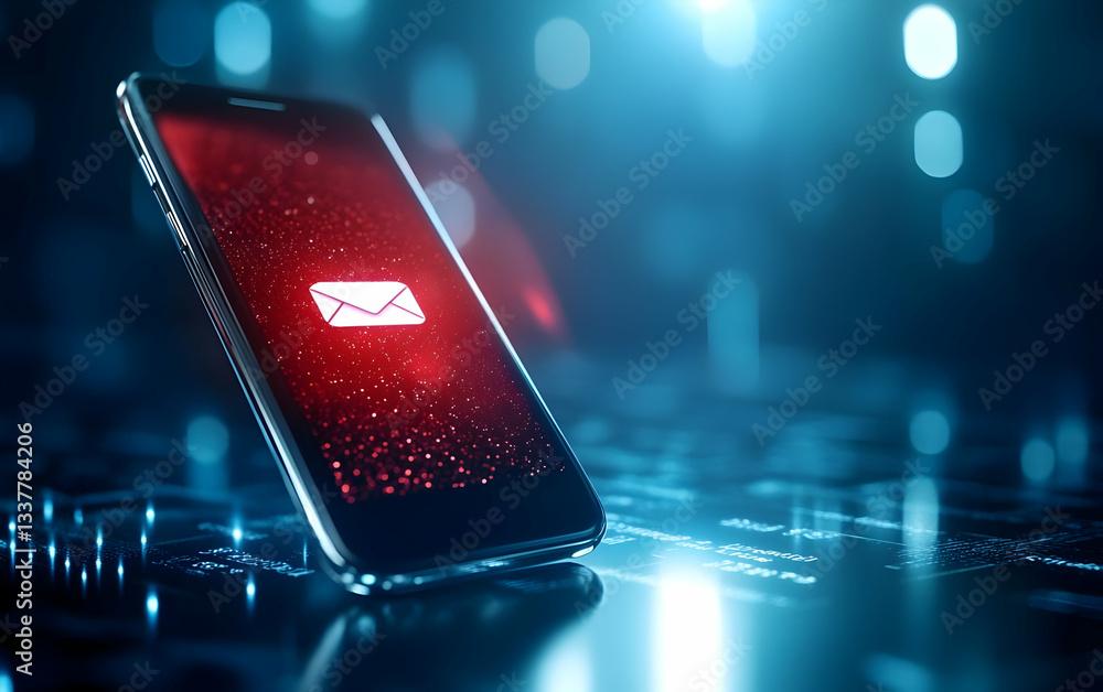Poster a smartphone displaying an email notification on a futuristic digital background, symbolizing commun