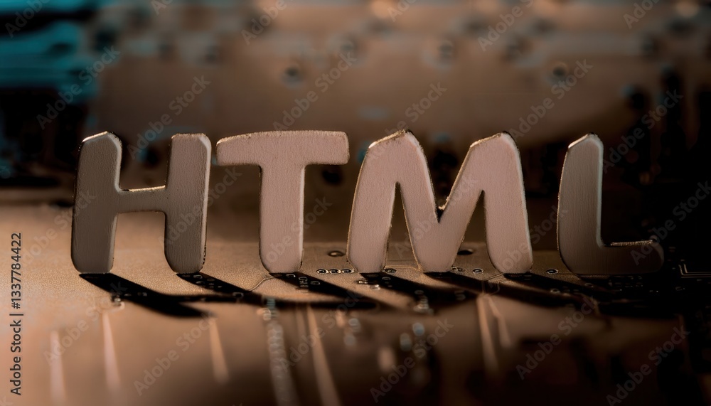 Poster html text against blurred technical background