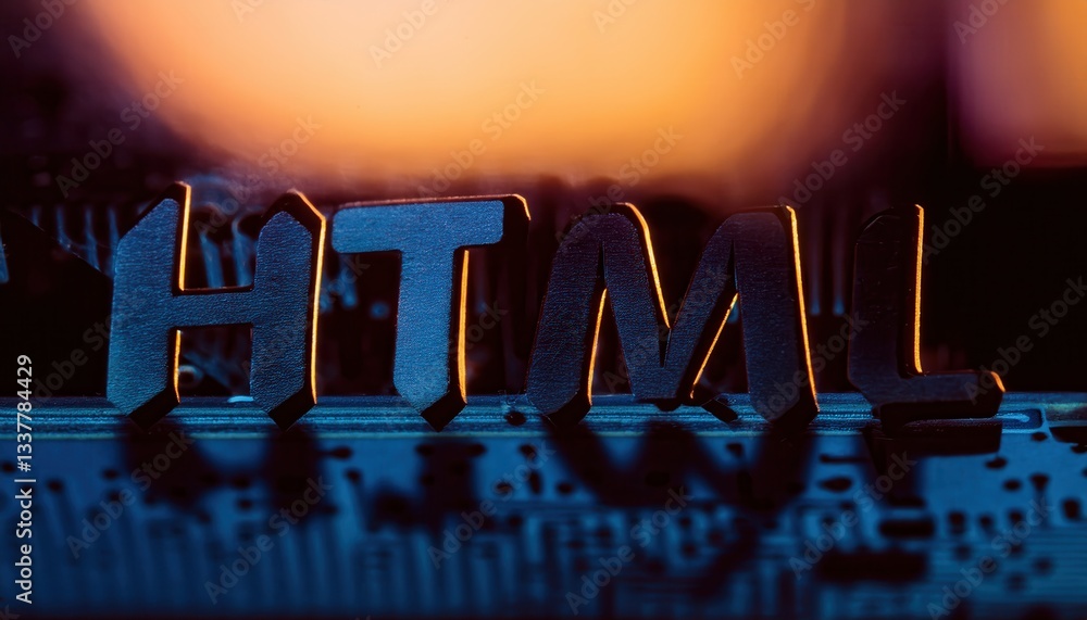 Poster big letters spelling html on blurred background
