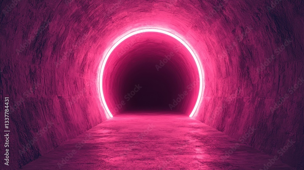 Poster a neon-lit tunnel with a glowing pink circular arch, creating a mysterious and futuristic atmosphere