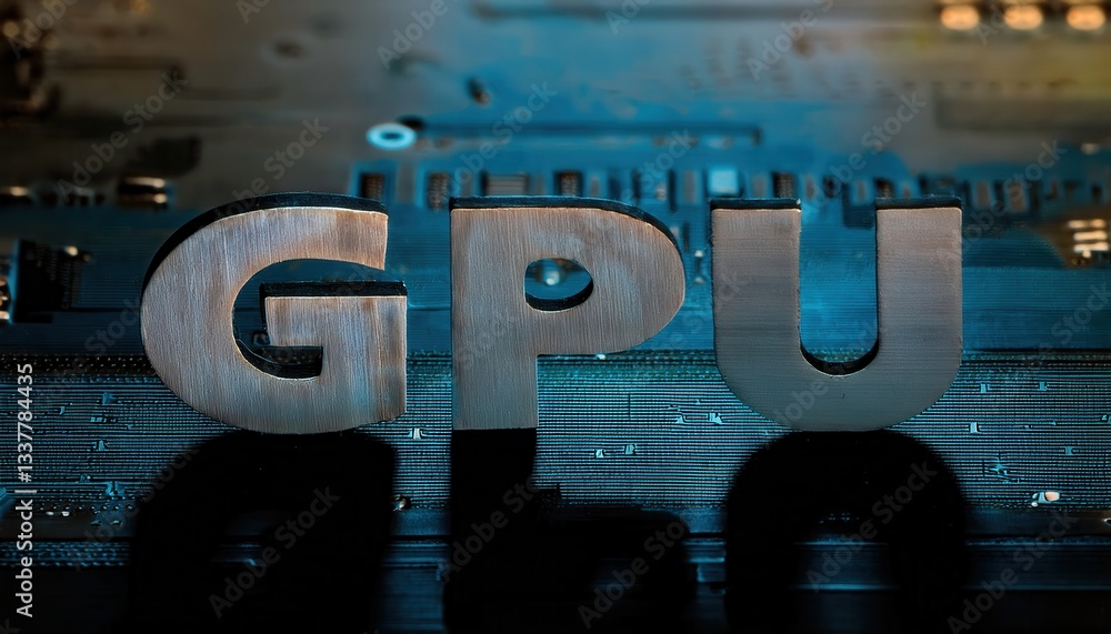 Poster gpu technology text on blurred circuit board background