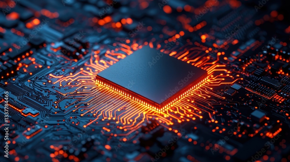 Poster a close-up of a computer chip on a circuit board, illuminated with vibrant orange light, showcasing 