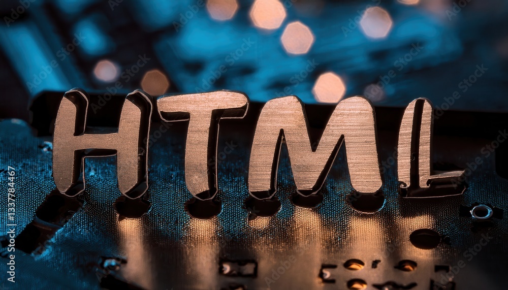 Poster html code representation on a blurred technological background