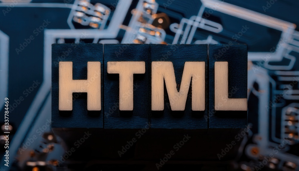 Poster HTML Text Blocks on a Blurred Technology Background