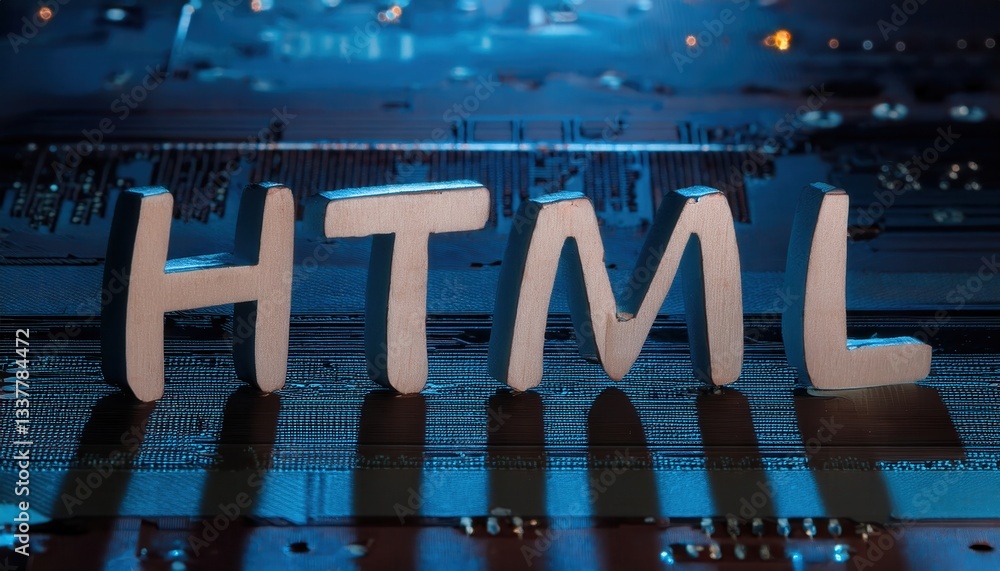 Poster HTML Coding Concept on Blurred Tech Background