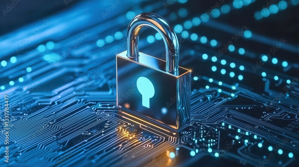 Poster a digital padlock sits on a circuit board, symbolizing cybersecurity and data protection in a tech e
