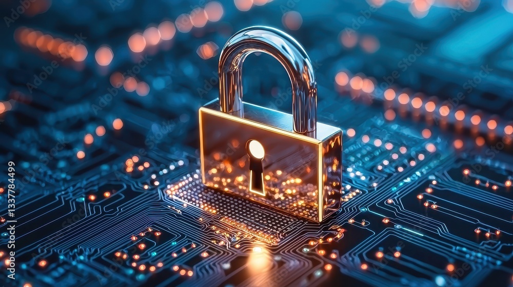 Poster a digital padlock set against a circuit board background, symbolizing cybersecurity and data protect