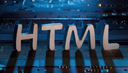 HTML Coding Concept on Blurred Tech Background