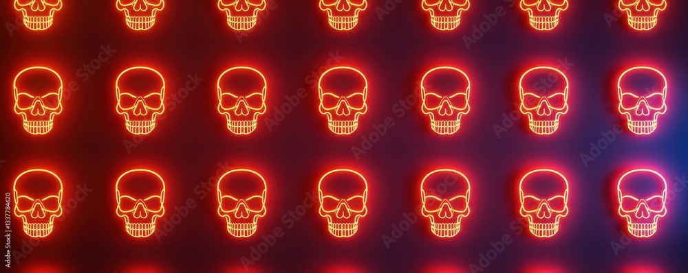 Poster a vibrant display of red neon skulls arranged in a grid pattern against a dark background, creating 