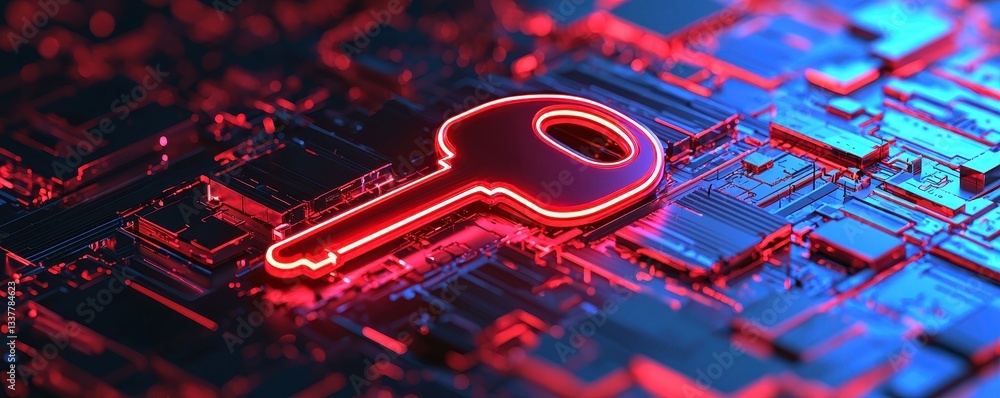 Poster a glowing key icon is displayed on a digital circuit board, symbolizing security and technology in a