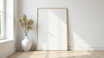 A large empty frame leans against a pristine white wall, bathed in sunlight, beside a vase of dried floral branches on a light wood floor.