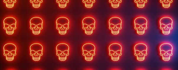 Fototapeta premium A vibrant display of red neon skulls arranged in a grid pattern against a dark background, creating a striking, edgy visual effect.