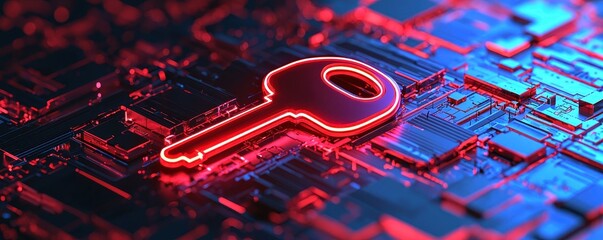 A glowing key icon is displayed on a digital circuit board, symbolizing security and technology in a vibrant, futuristic design.