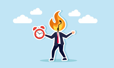A businessman with a burning matchstick head carries an alarm clock, illustration of a business work deadline