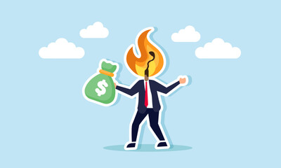 A businessman with a burning matchstick head carries a money bag, illustration of a deadline for paying company debt