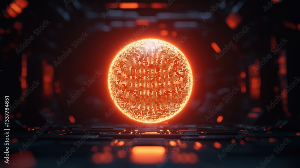 Poster a glowing, spherical object with a digital texture, set in a futuristic environment, creating a high