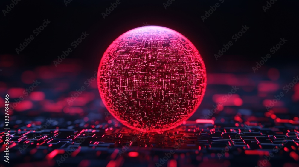 Poster a glowing red sphere with intricate patterns, set against a dark, digital backdrop, creating a futur