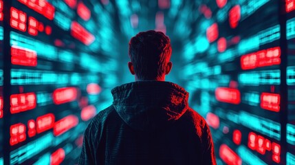 A figure stands before a vibrant digital backdrop of red and blue light, suggesting a futuristic or technological theme.