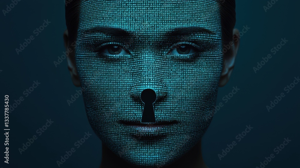 Poster a digital face represented by a matrix of binary code, exploring themes of technology, identity, and