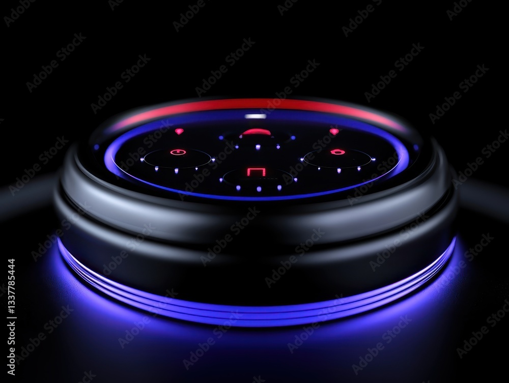 Poster futuristic device featuring illuminated buttons in vibrant neon colors.