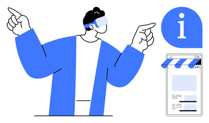 Man in VR headset gesturing, engaging with virtual storefront and info popup. Ideal for future technology, online shopping, customer support, immersive experience, digital transformation, innovation
