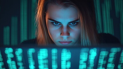 A focused individual engages with a glowing screen, surrounded by digital data, illustrating themes of technology and concentration.