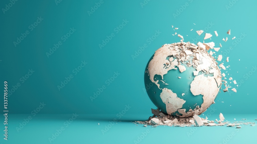 Poster a fragmented globe on a turquoise background symbolizes environmental issues and global challenges.