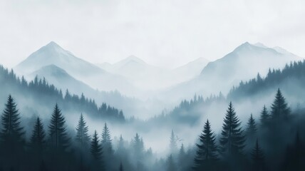Misty mountain valley forest landscape, serene scene