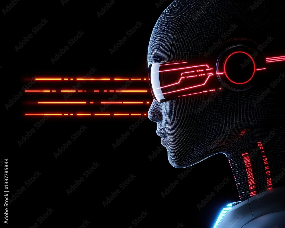 Poster futuristic robot with glowing visor and sleek design, showcasing advanced technology.