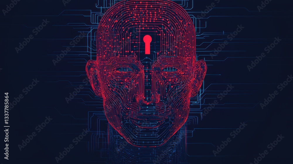 Poster a digital representation of a head with circuit patterns, featuring a keyhole, symbolizing technolog